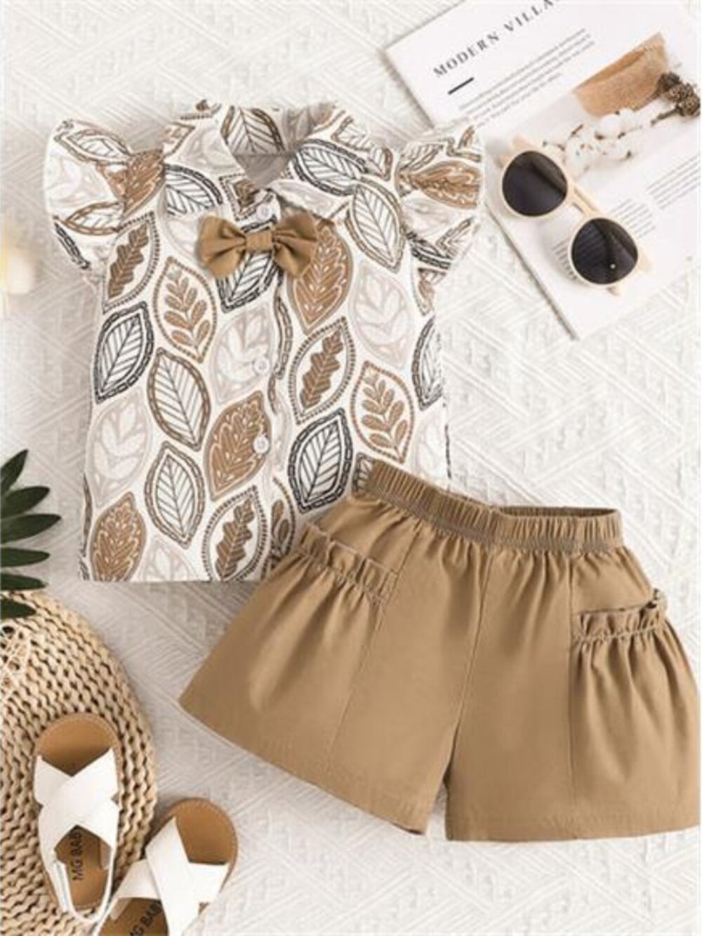 Children's Leaf Print Bow Decor Top and Shorts Set